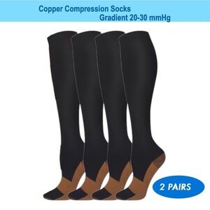 Unisex 20-30 mmHg Compression Socks S/M Knee High Medical Black Rib 2 Pack NEW